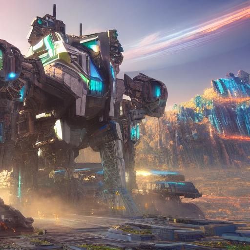 Futuristic Synthwave Landscape with Intricate Mech Details