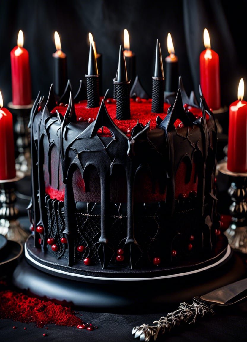 an epic vampyric gothic birthday cake that bleeds when you cut into it, black lace, black fishnet, leather, silver spike...