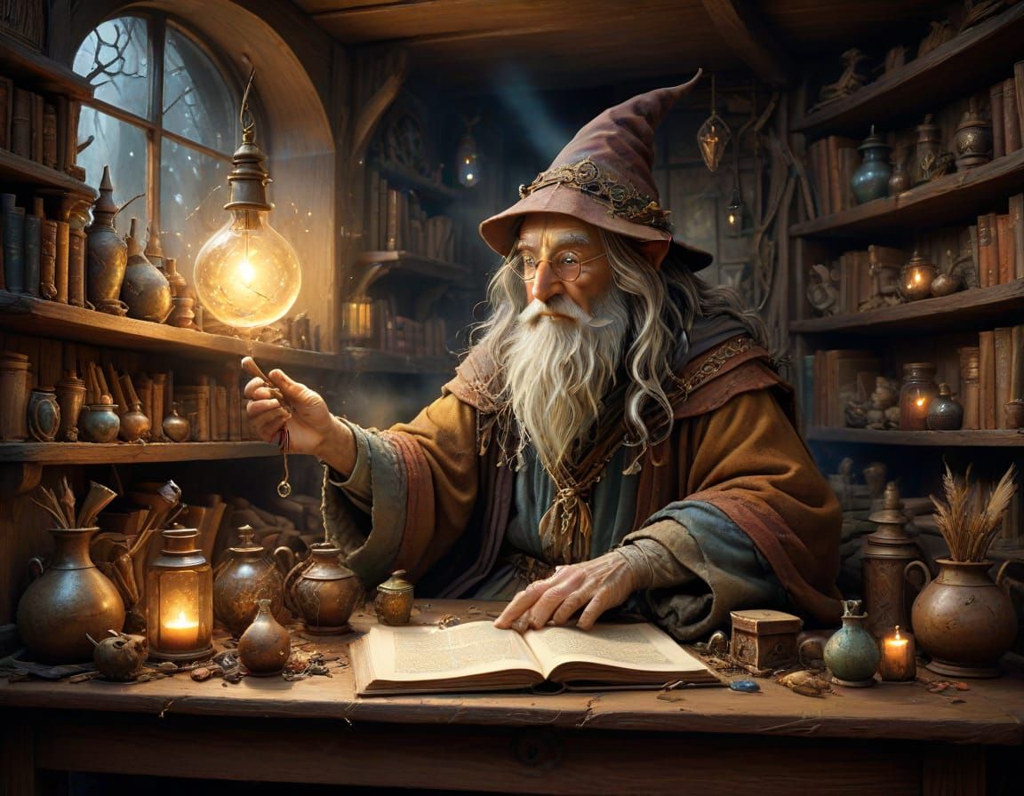 Mystical Study Scene in Whimsical Fantasy Style