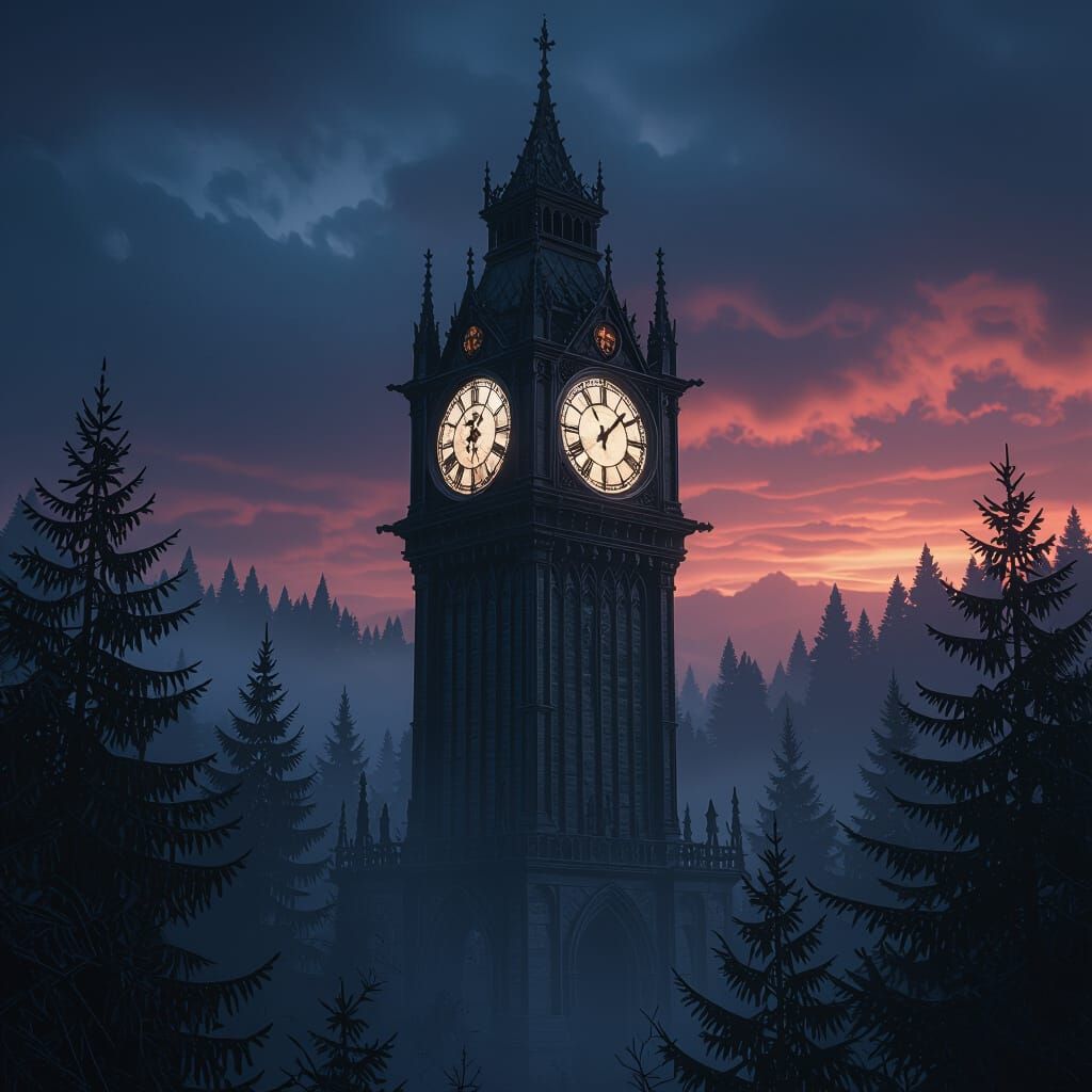 Gothic Silver Clock Tower in Misty Forest