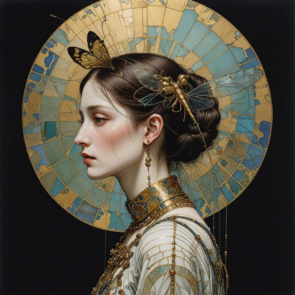 Iridescent Insect Woman in Surreal Watercolor Style