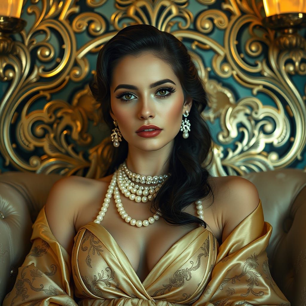 Elegant Woman in Art Nouveau Style, Maximalist Setting