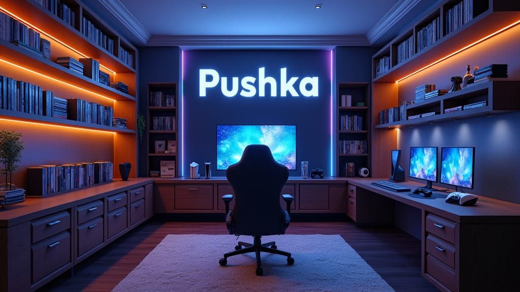 Modern Gaming Sanctuary with Dark Wood Shelving and Futurist...