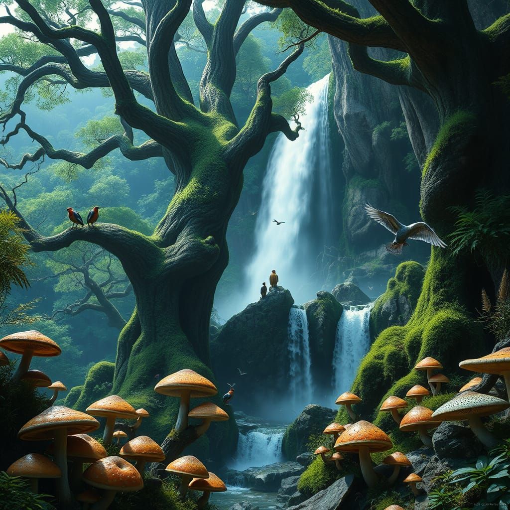 Majestic Trees in Lush Waterfall Landscape with Vibrant Mush...