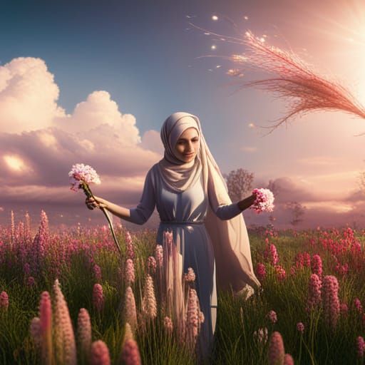Girl in Hijab Picking Flowers: Fantasy Art