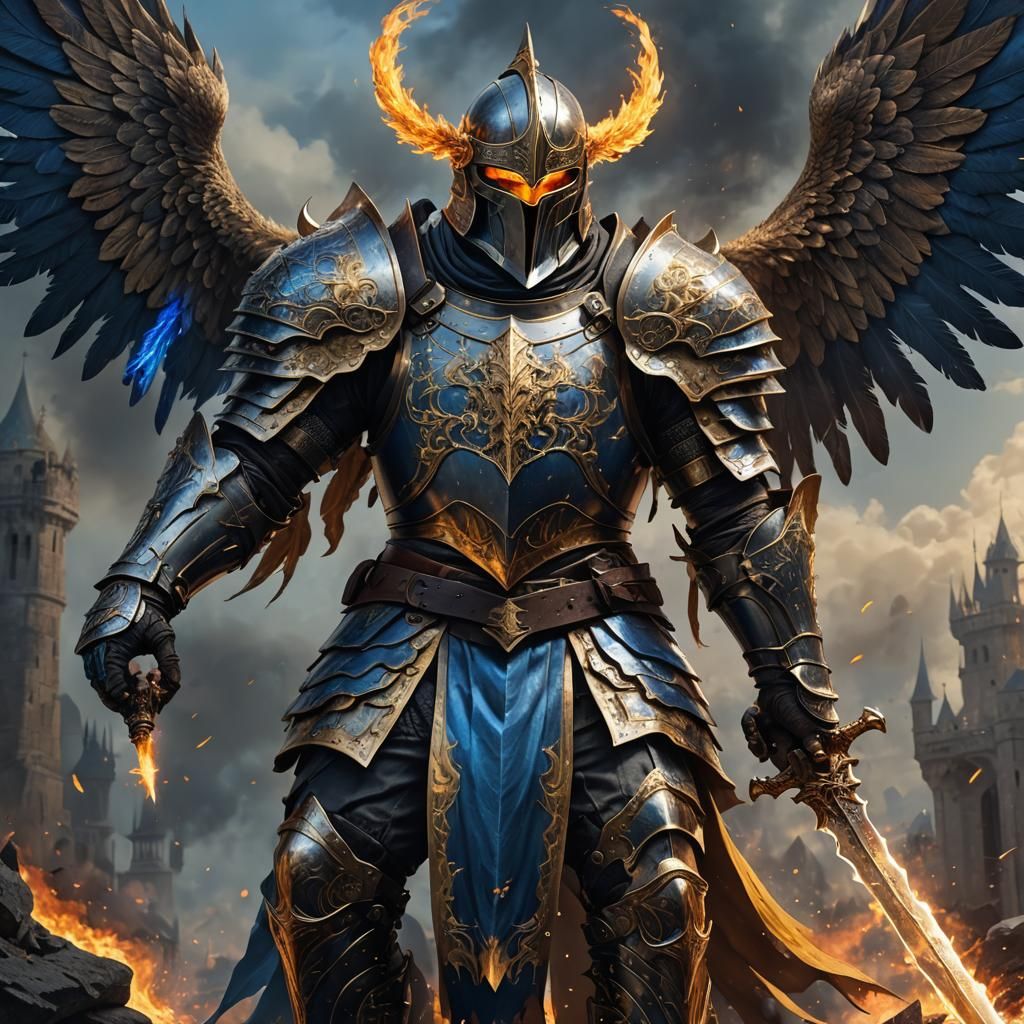 Winged Knight with Flaming Sword in Fantasy Art