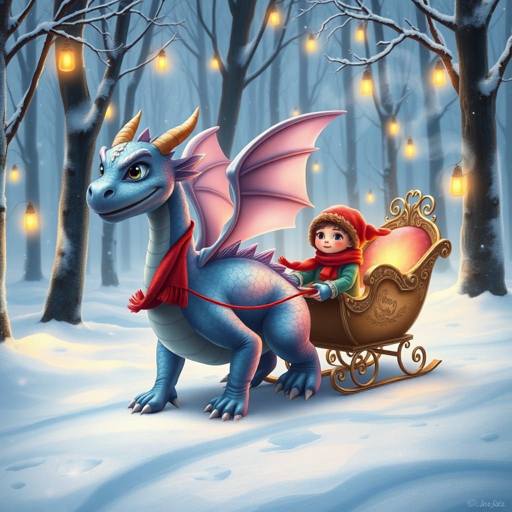 Whimsical Winter Wonderland with Friendly Dragon