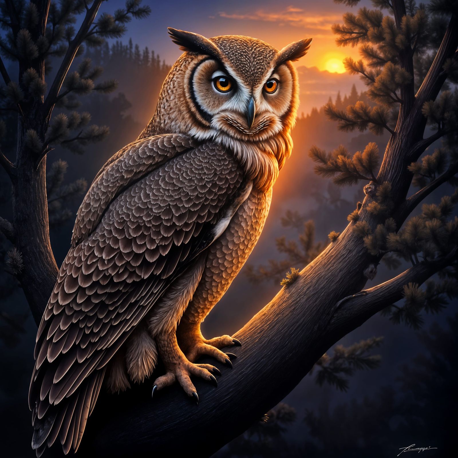 Magnificent Owl in Pine Tree at Dusk