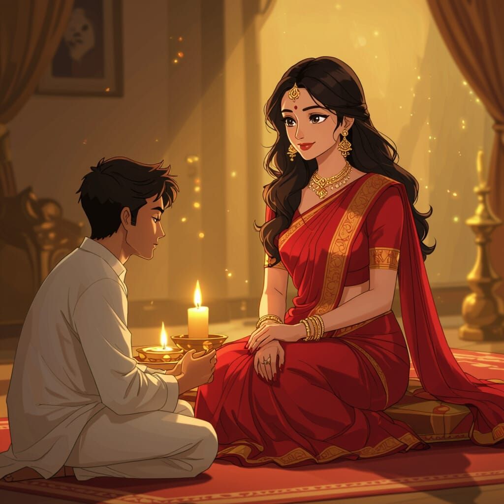 Confident Woman in Saree, Anime-Style Illustration