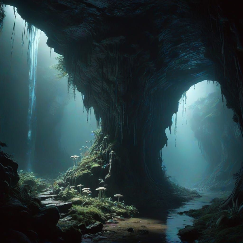 Bioluminescent Cave Waterfall in Gothic Art Style