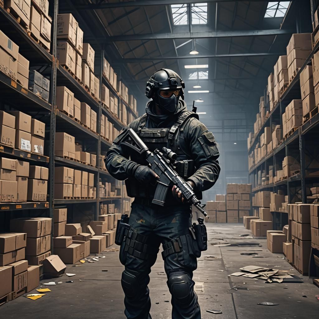 SAS Agent Inspecting Warehouse, Detailed Digital Painting