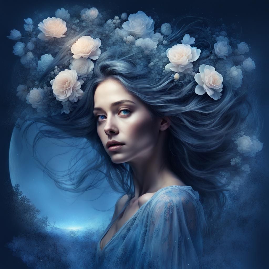 Moonlit Portrait with Flowers in Hair