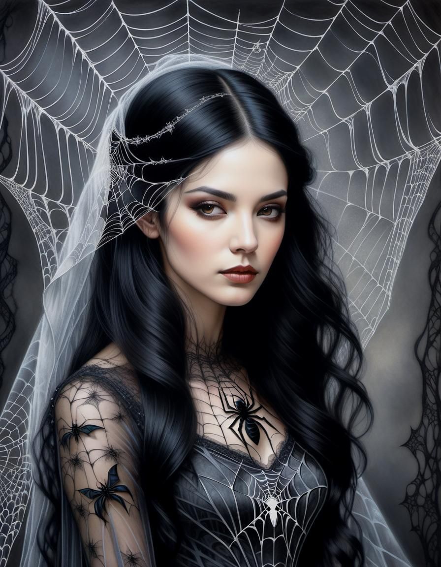Ethereal Woman with Spiderwebs in Gothic Art Style