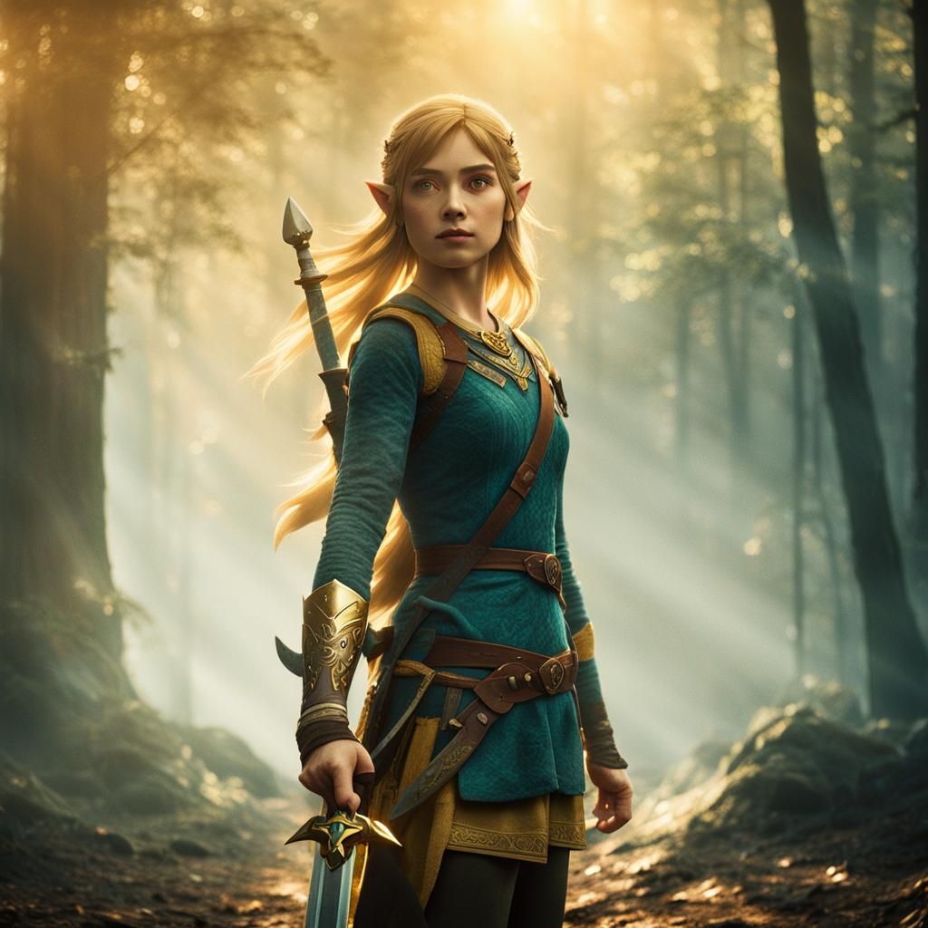 Epic Heroine Emerges from Misty Forest in Golden Hour