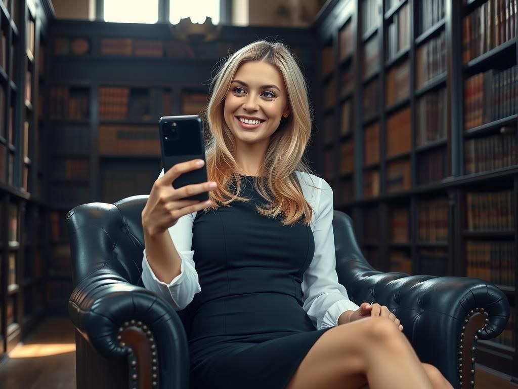 Blonde Woman Taking Selfie in Traditional Library