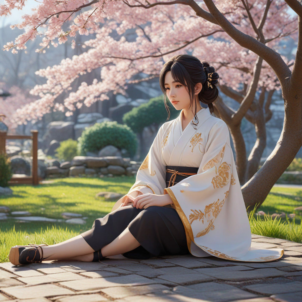 Serene Japanese Woman in Cherry Blossom Garden