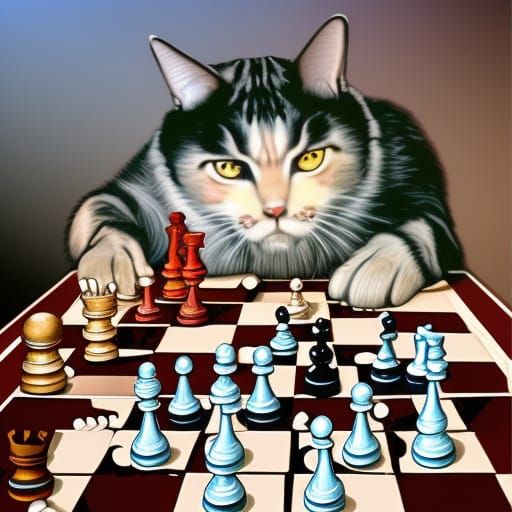 A Sokoke Tabby Cat cleverly playing chess on a red and white chessboard