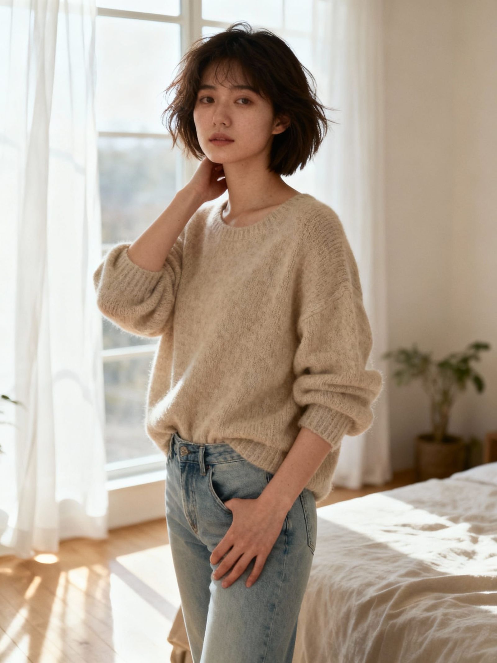 Woman in Soft Morning Light with Cozy Sweater