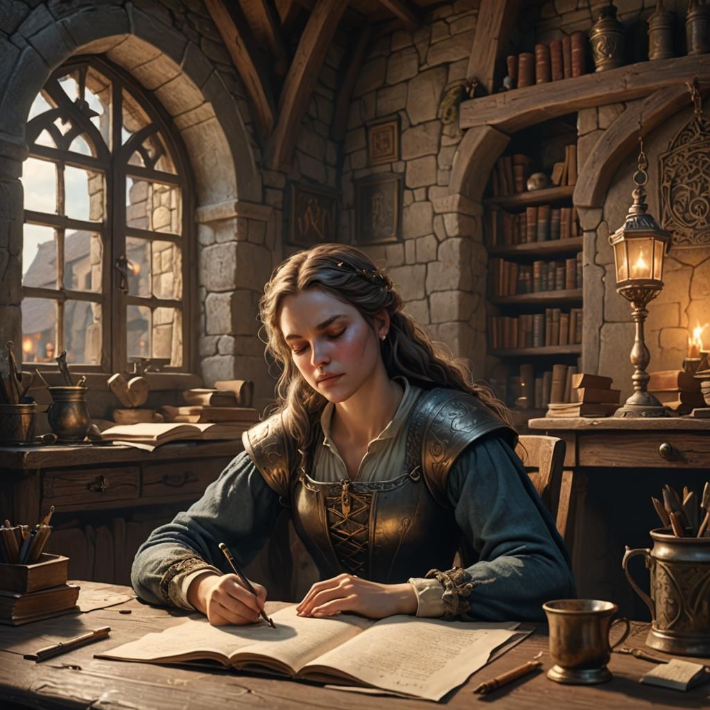 A woman writing at her desk. #2