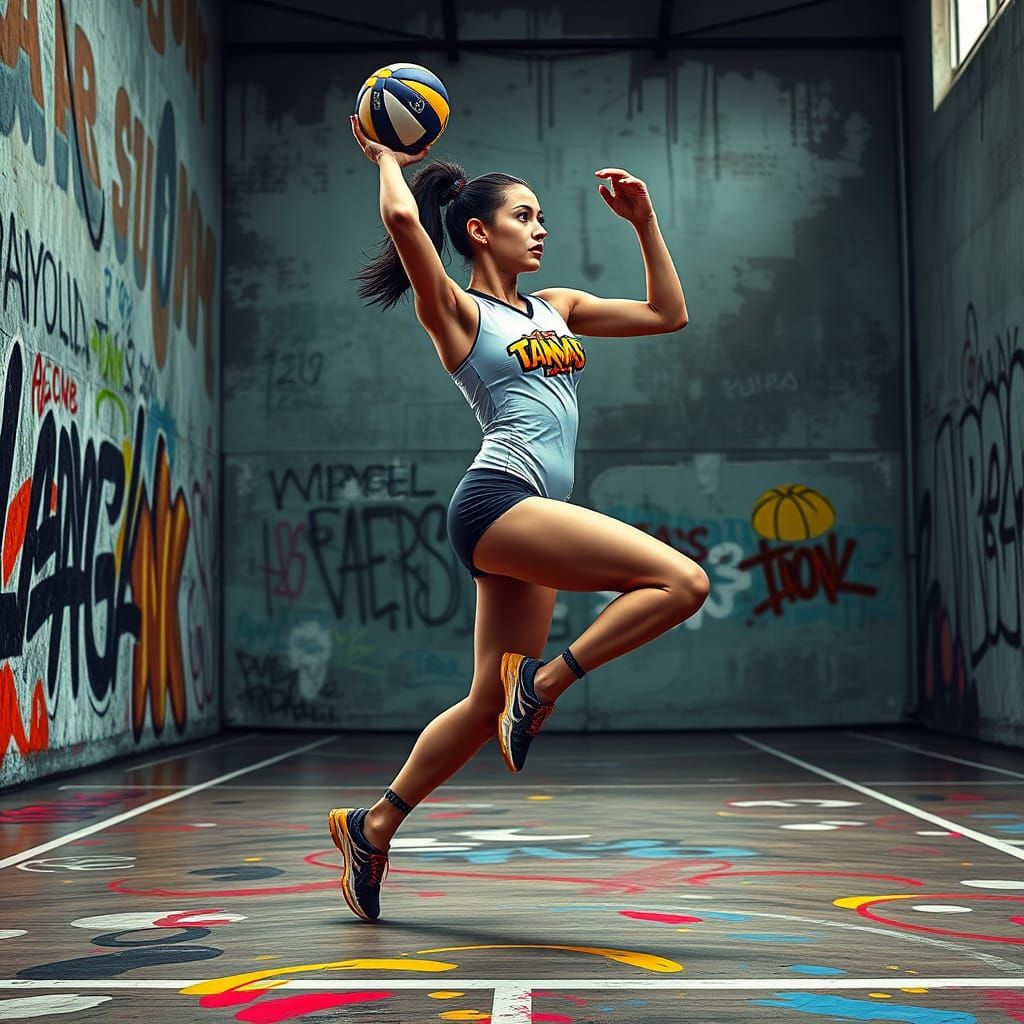 Dynamic Volleyball Player in Urban Graffiti Art Style