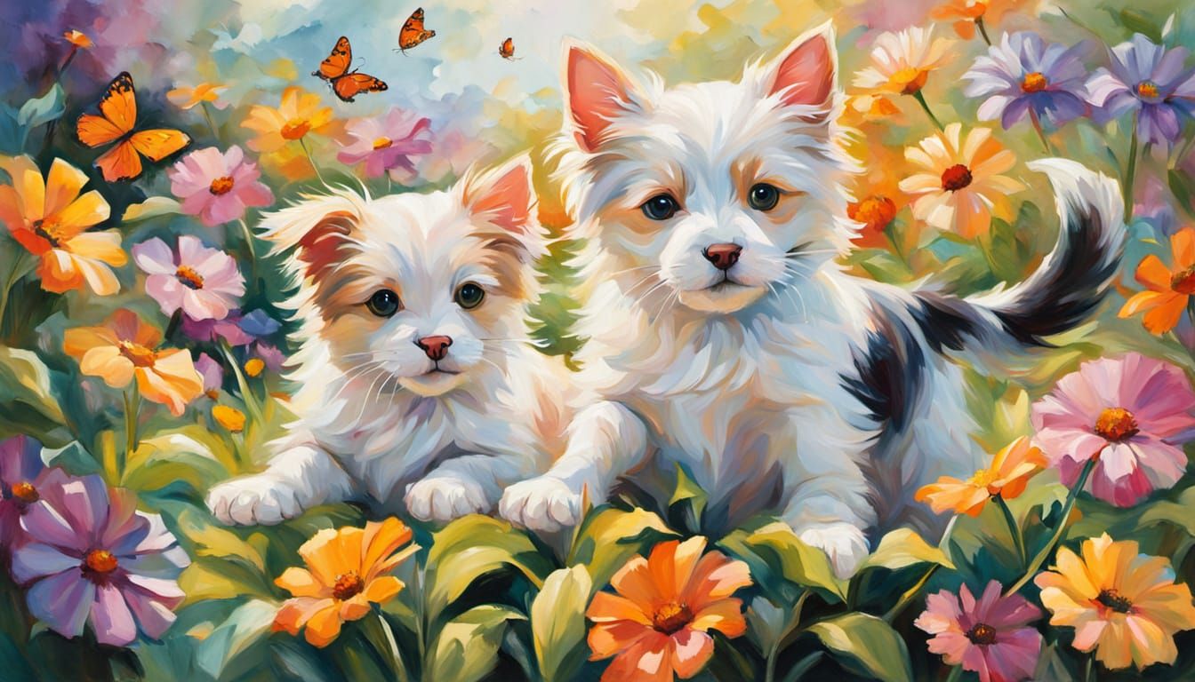 Joyful Pets in a Vibrant Garden Scene