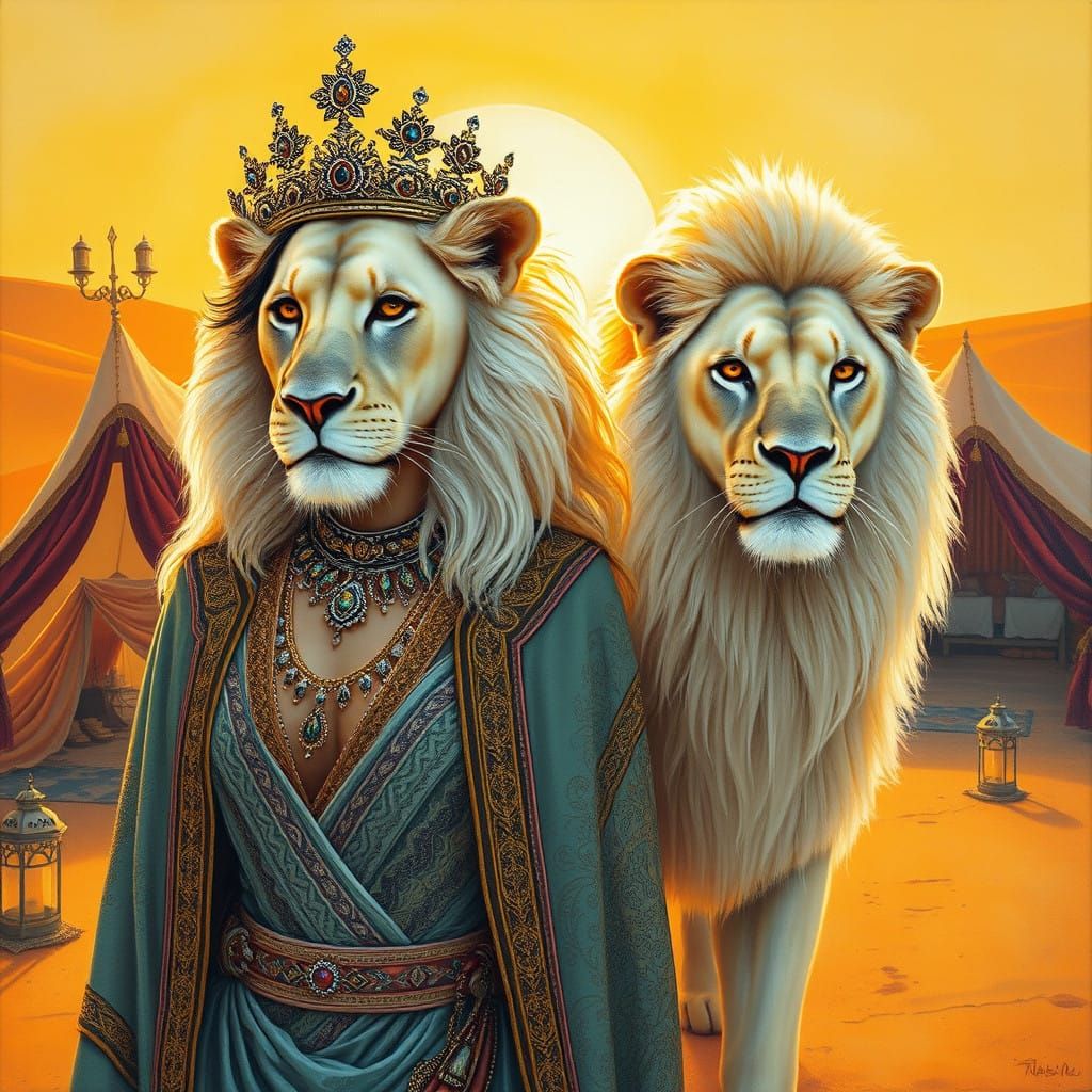 Regal Woman with White Lion in Vibrant Desert Landscape