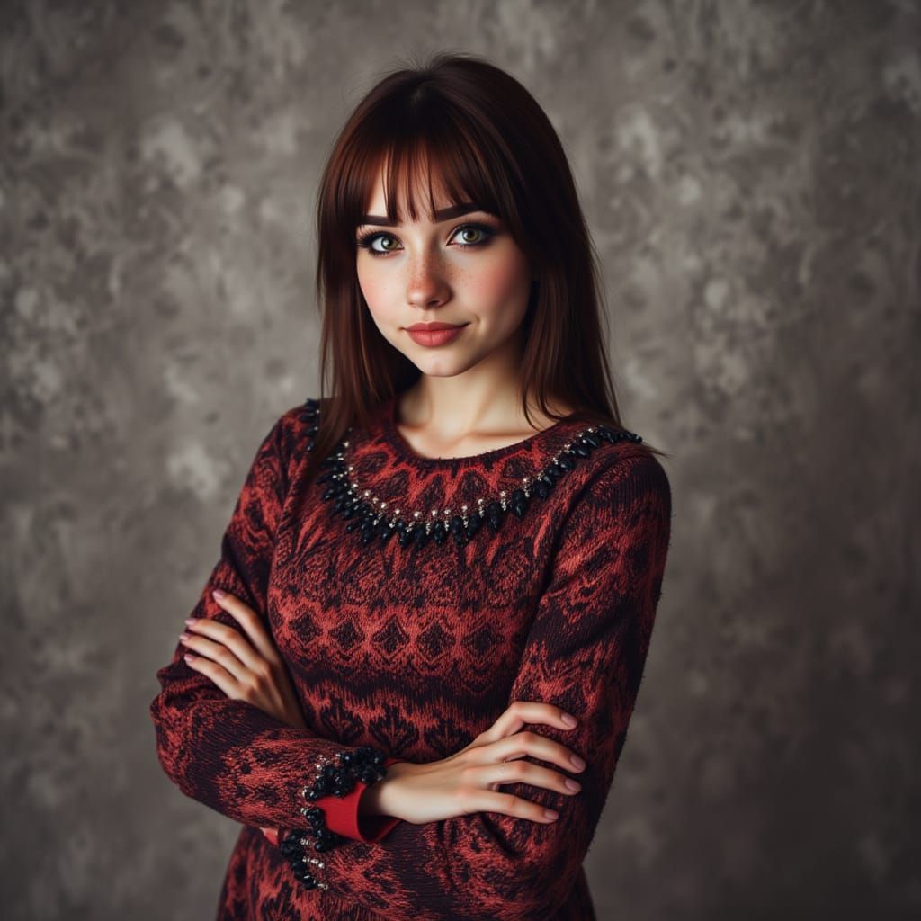 Woman in Sweater with Red Accents