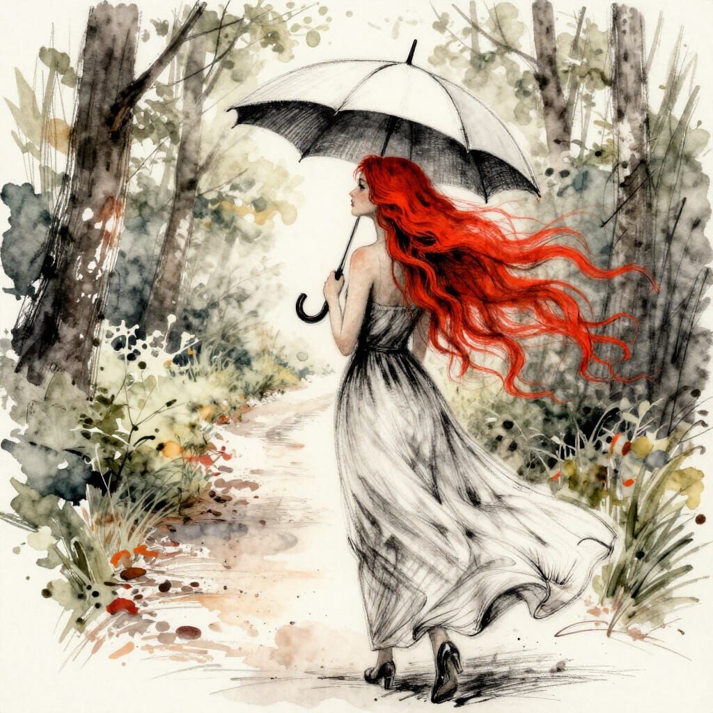 Red Haired Woman with Umbrella on Forest Path Watercolour Sk...