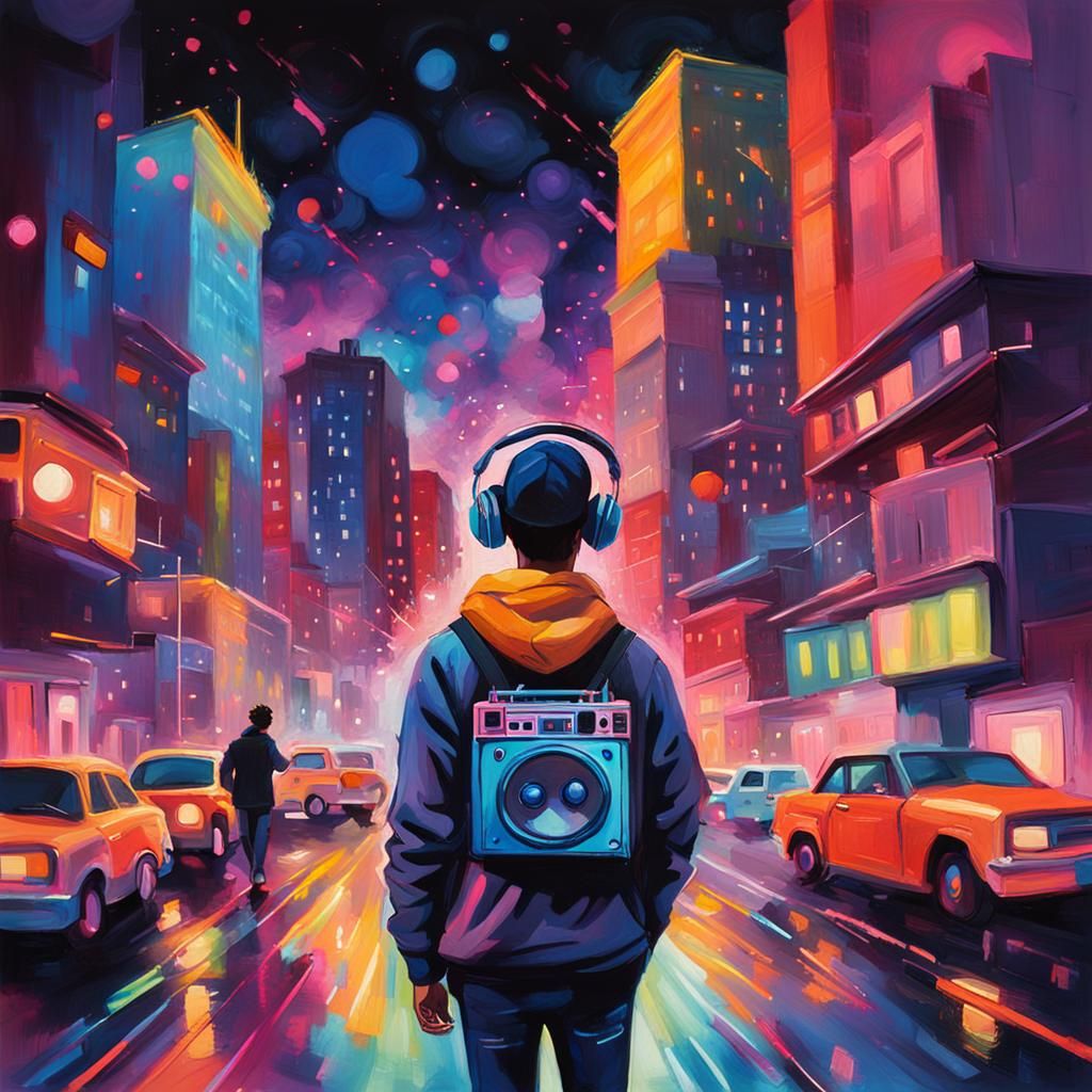 Neon Boombox in Gouache Impressionism Painting