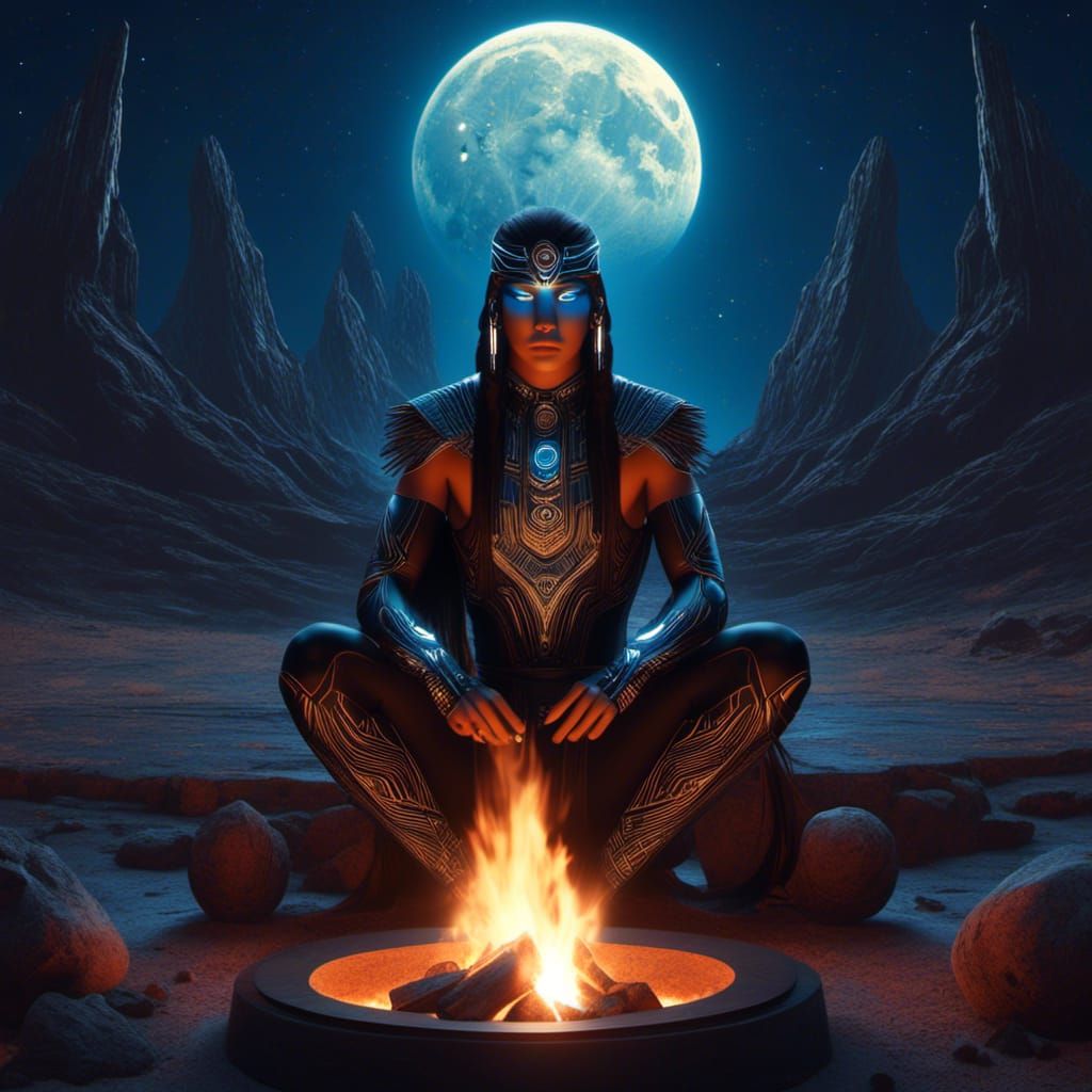 Digital futuristic Native American Tribal leader sitting next to an open range fire pit. Under the stars lit by moon. <l...