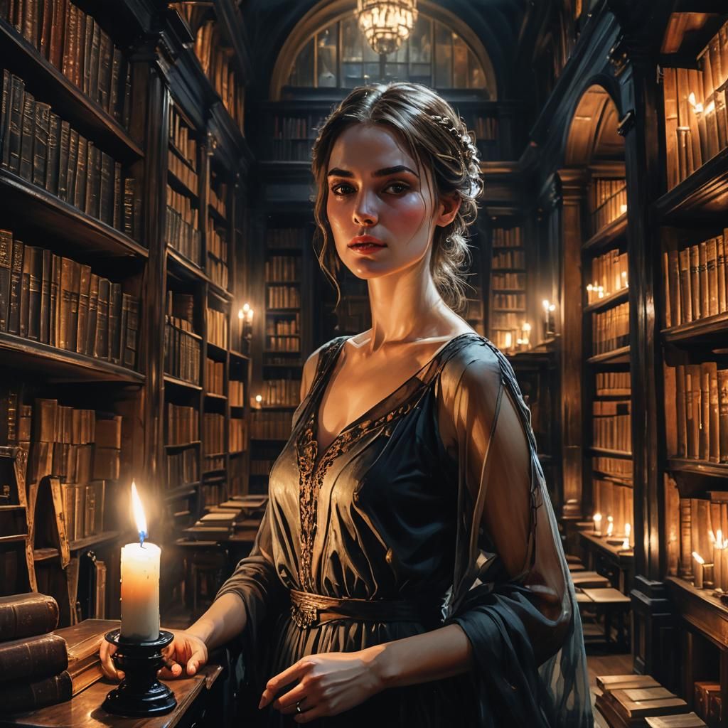 Secret Rendezvous: Woman in Candlelit Library
