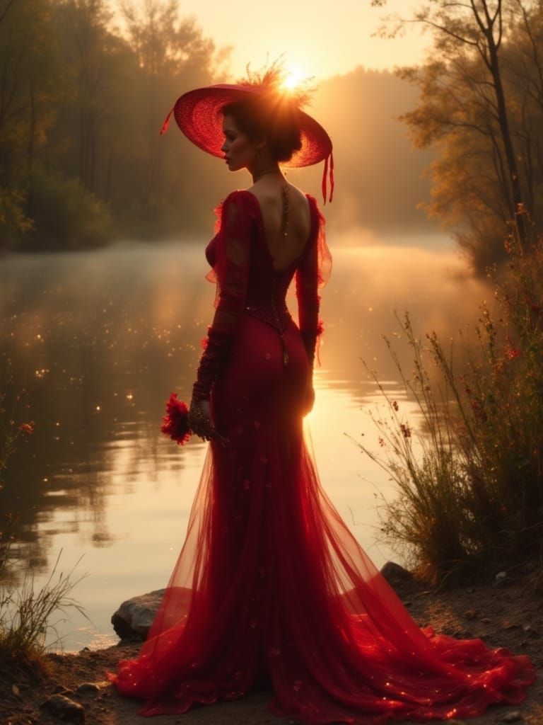 Woman in Red by Lake at Golden Hour