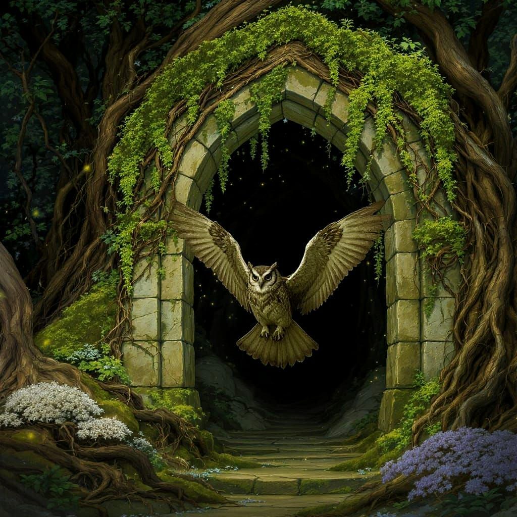 Enchanted Forest: Ancient Archway and Wise Owl