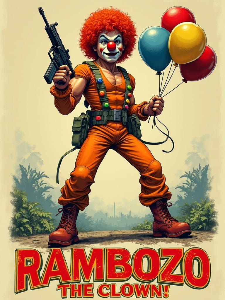 Rambo as Bozo the Clown in Cyberpunk Comic Art