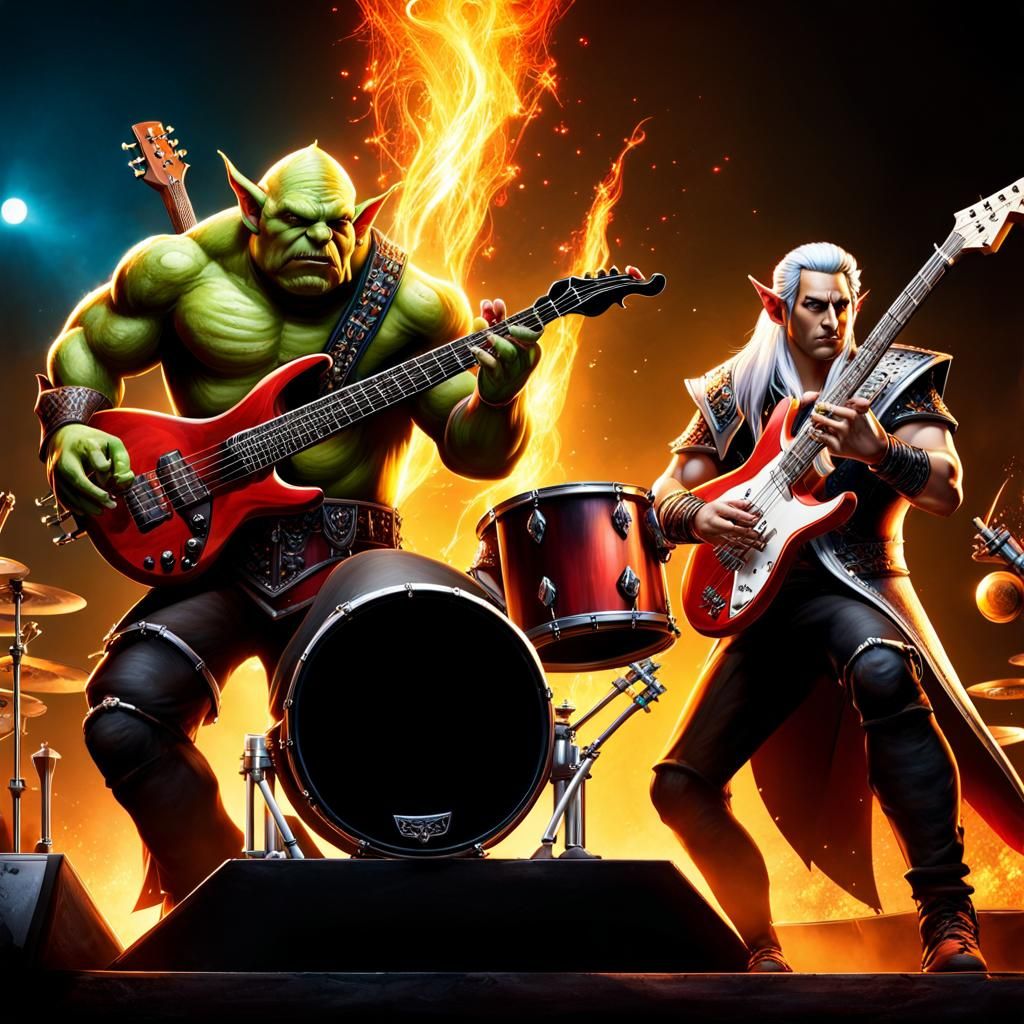 Fantasy Rock Band with Orc, Wizard, Fairy and Elf