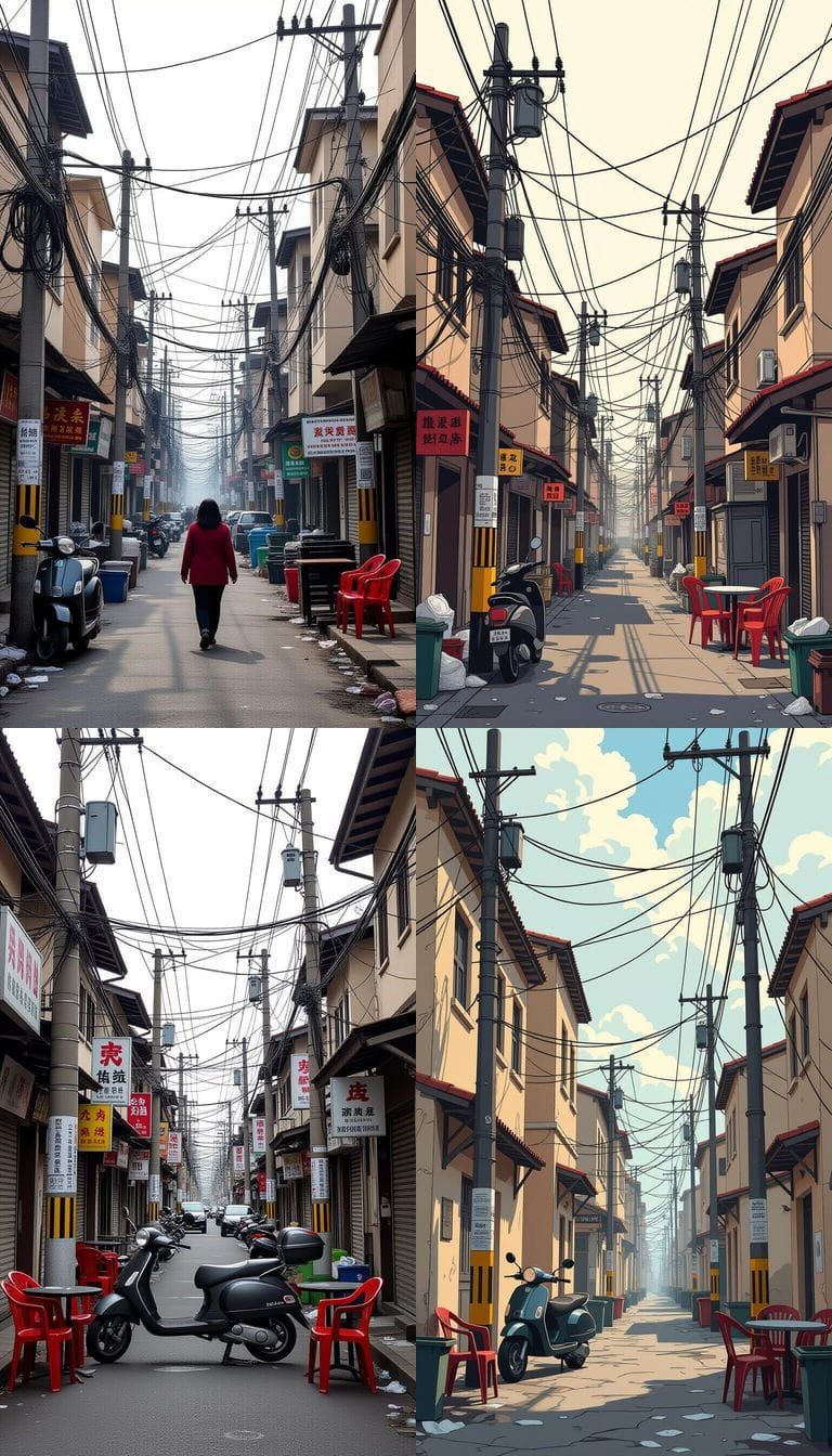 Chaotic Urban Streetscape with Tangled Wires