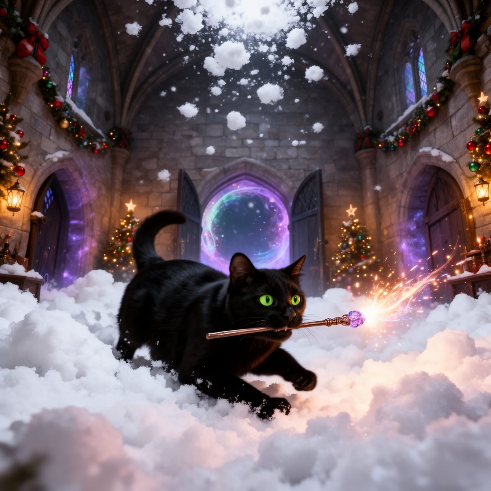 Black Cat with Emerald Eyes and Magic Wand in Snowy Castle