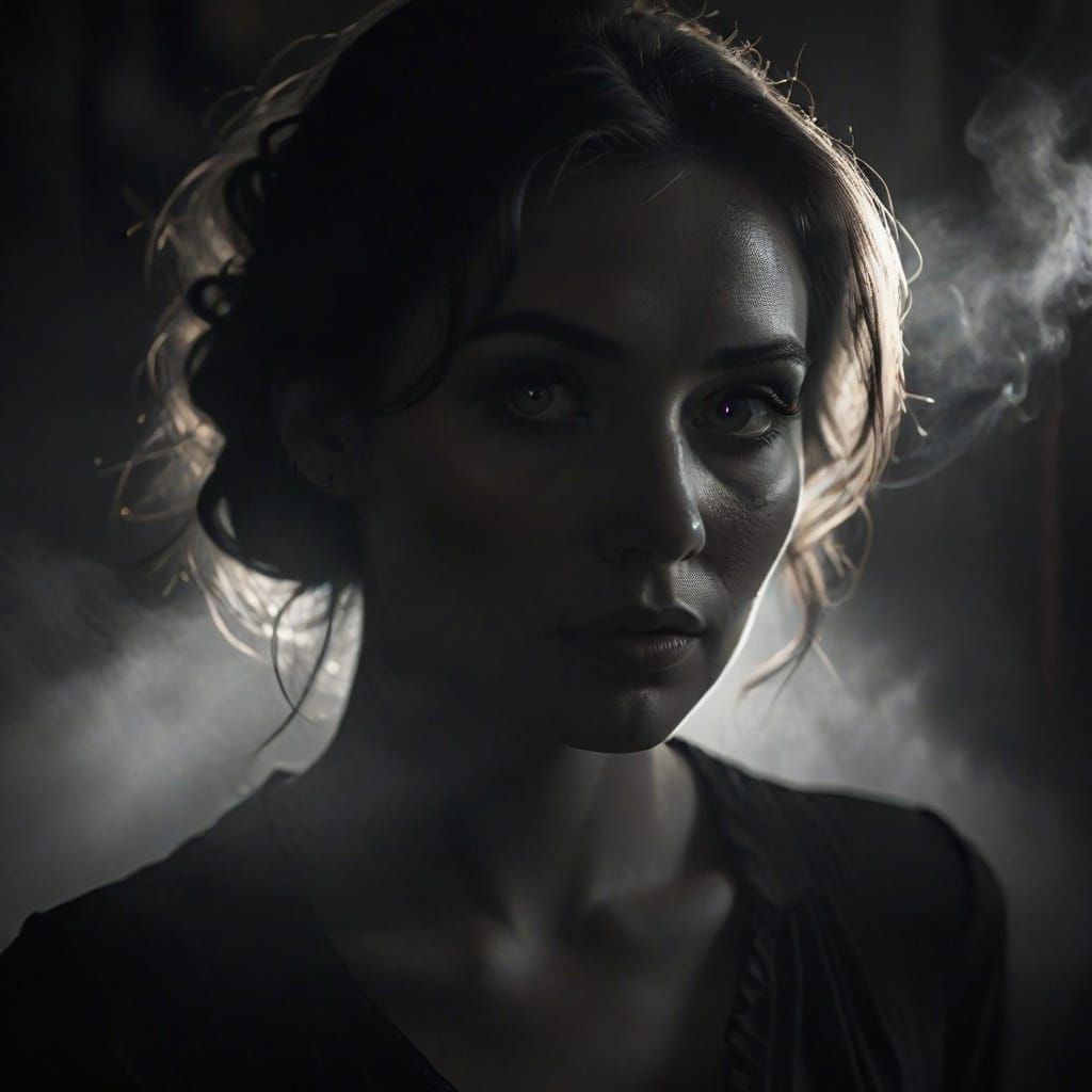 Mysterious Woman in Smoky Room, High Contrast Film Noir Styl...