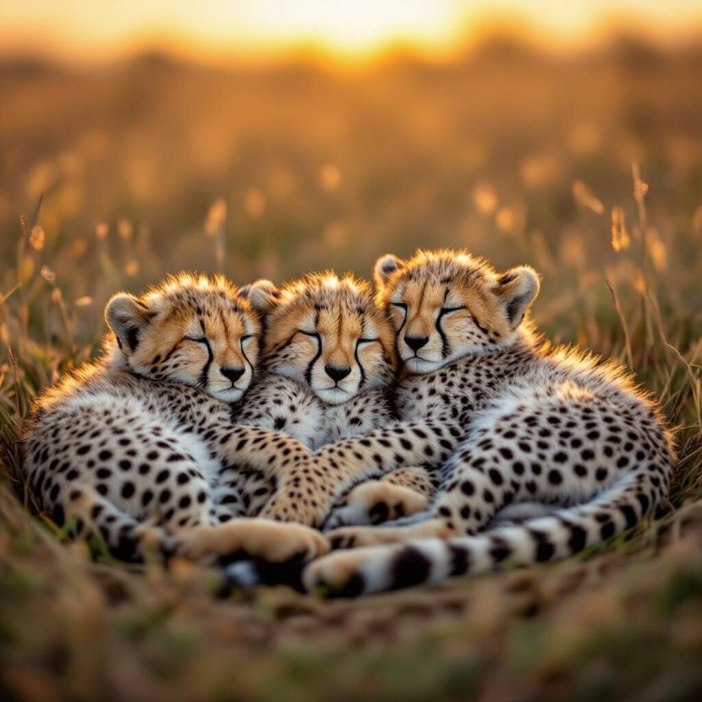 Three Adolescent Cheetahs Sleeping in Golden Hour Savanna