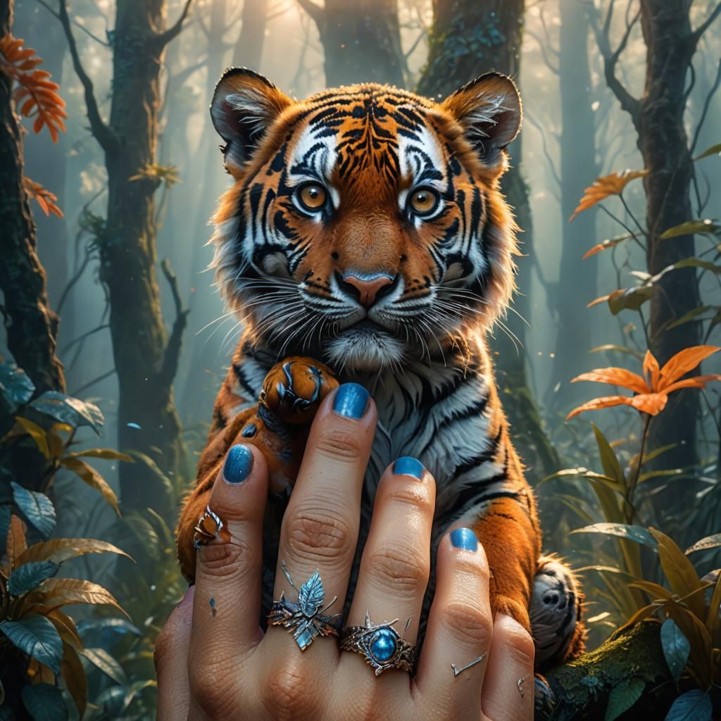 Mystical Forest: Tiny Tiger on a Finger