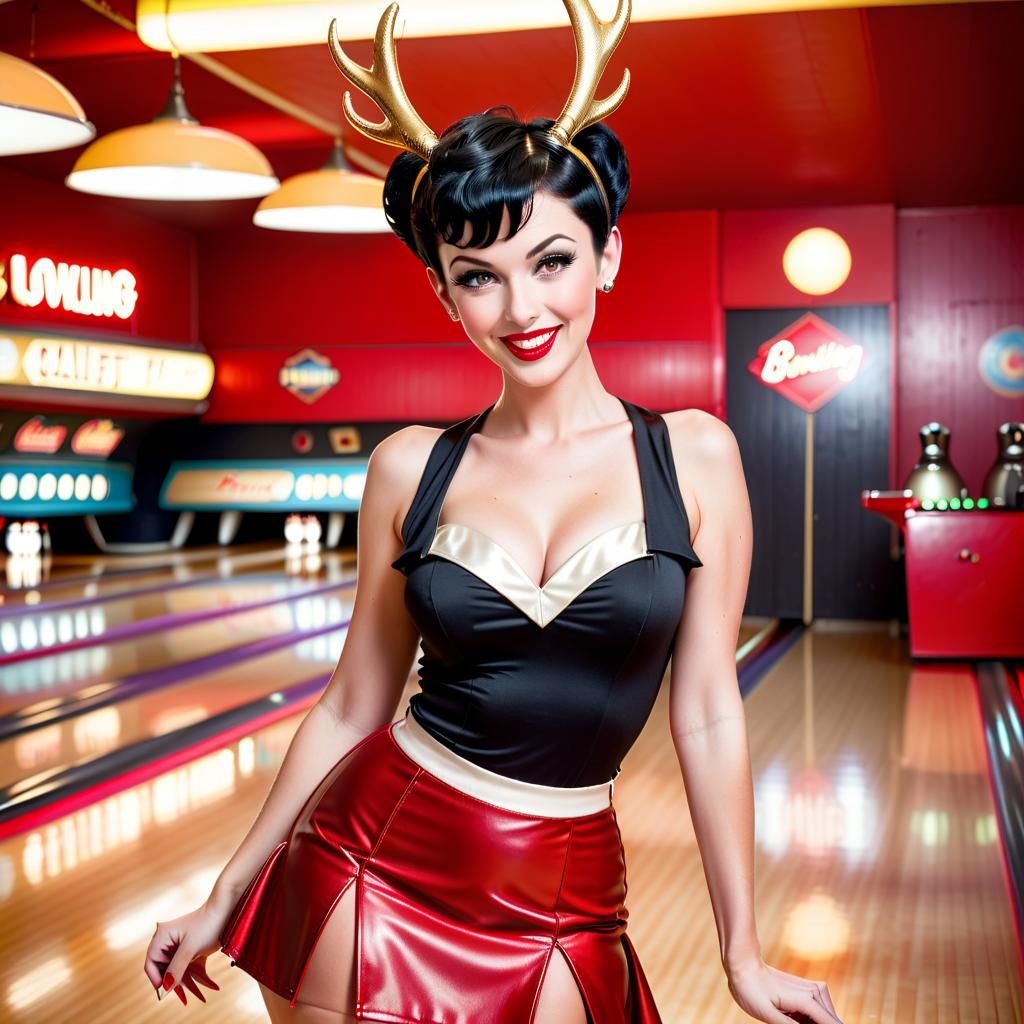 50s Pin-Up Woman Bowling with Antlers