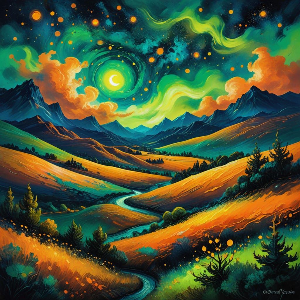 Neon Fantasy Landscape in Abstract Expressionist Style