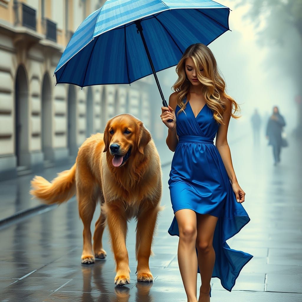 Elegant Blonde Woman Strolls Rainy Street with Golden Afghan...