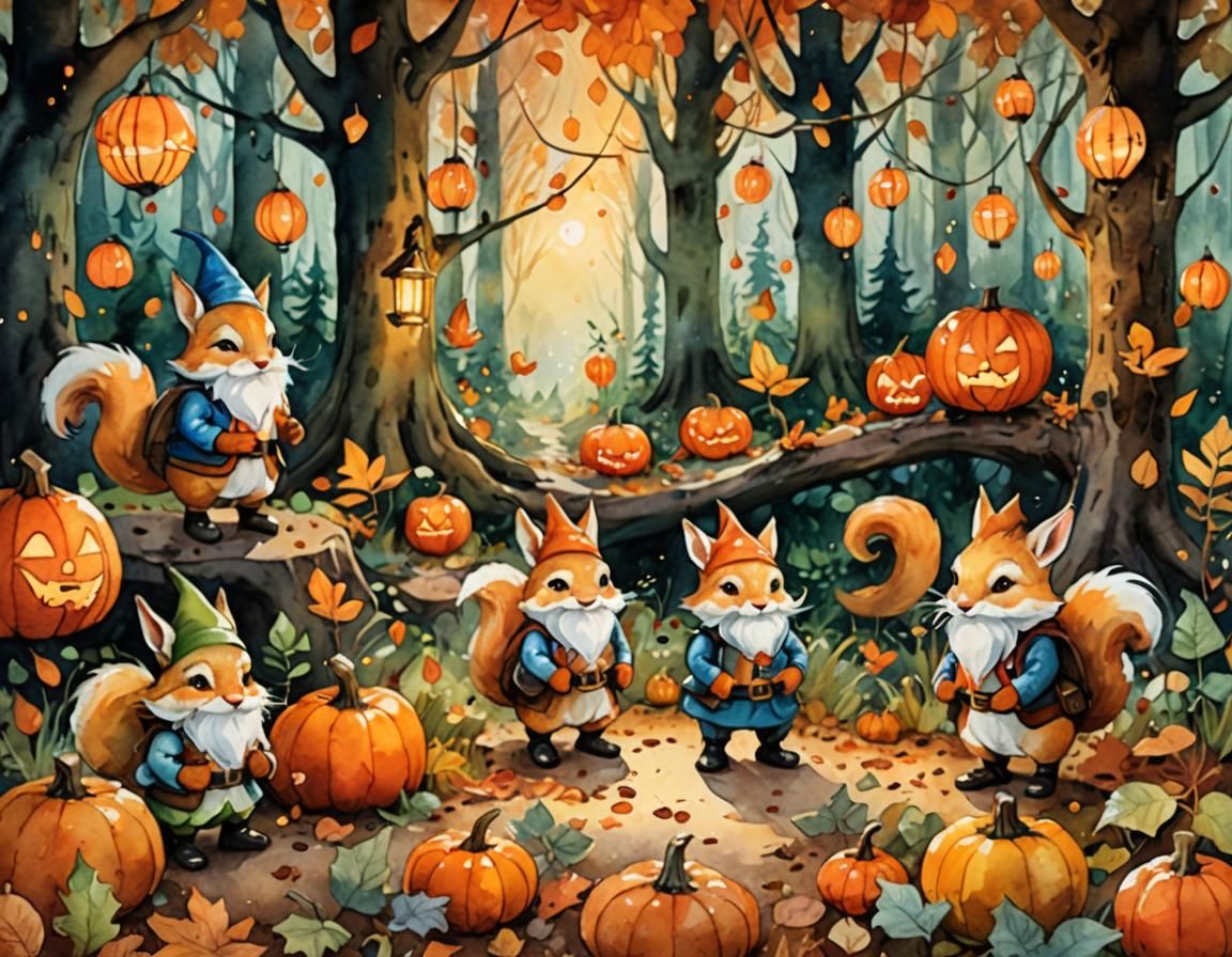 Enchanted Forest Gnomes and Foxes in Watercolor