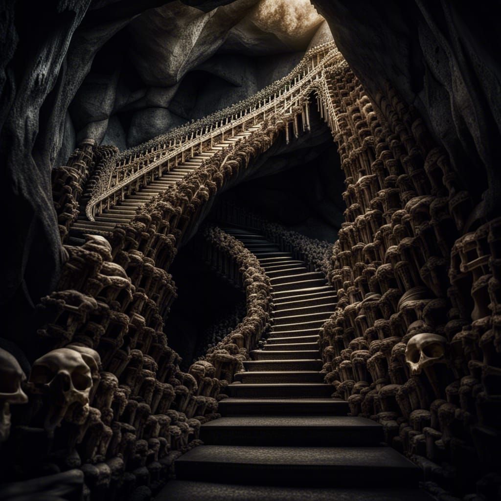 Dramatic Bone Staircase Descending into Deep Cave