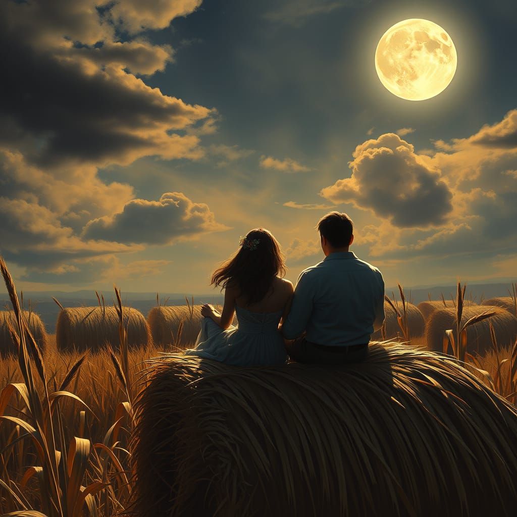 Couple on Hayride Under Harvest Moon, Digital Painting