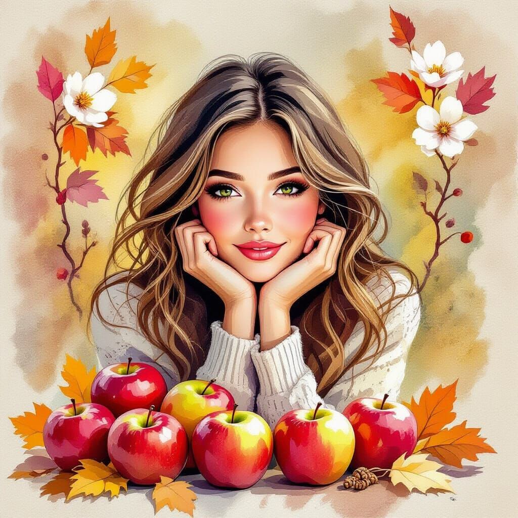 Whimsical Watercolor: Woman in Autumn Harvest