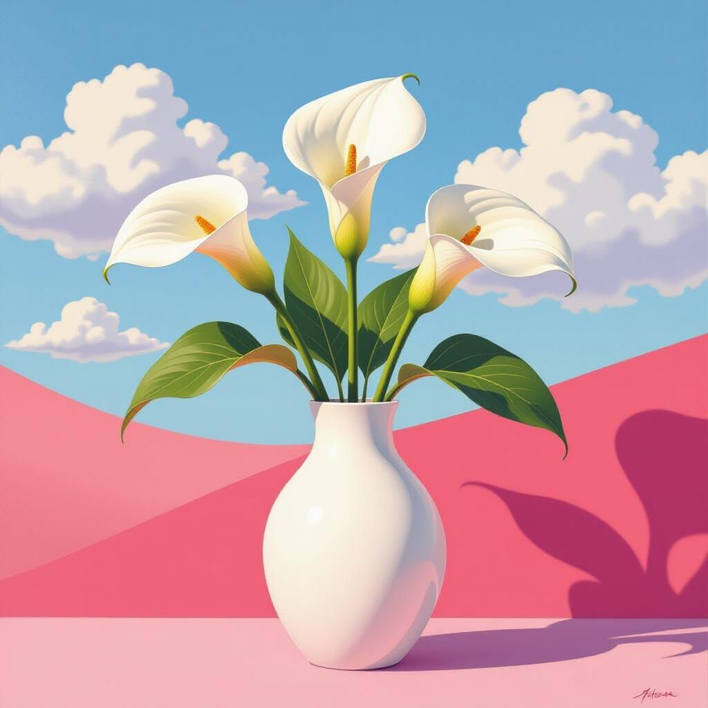 Three White calla lilies in a white vase, with a pink and red background against a blue sky, in the style of David Hockn...