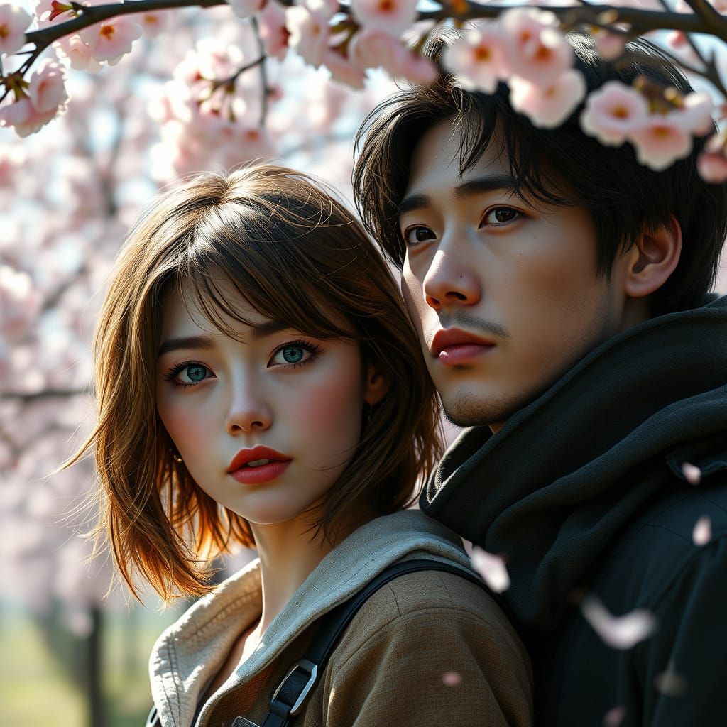 Dystopian Sci-Fi Portrait in Cherry Blossom Orchard