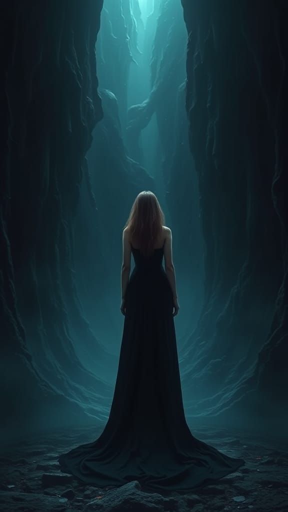 Woman in Dark Abyss with Eerie Glow